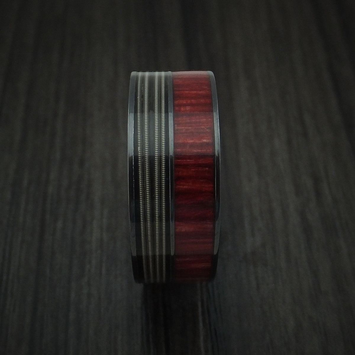 Kodiak XII - Black Zirconium Men's Wedding Ring with Guitar String and Red Heart Wood Inlays Band - view 3 - Nura Lab