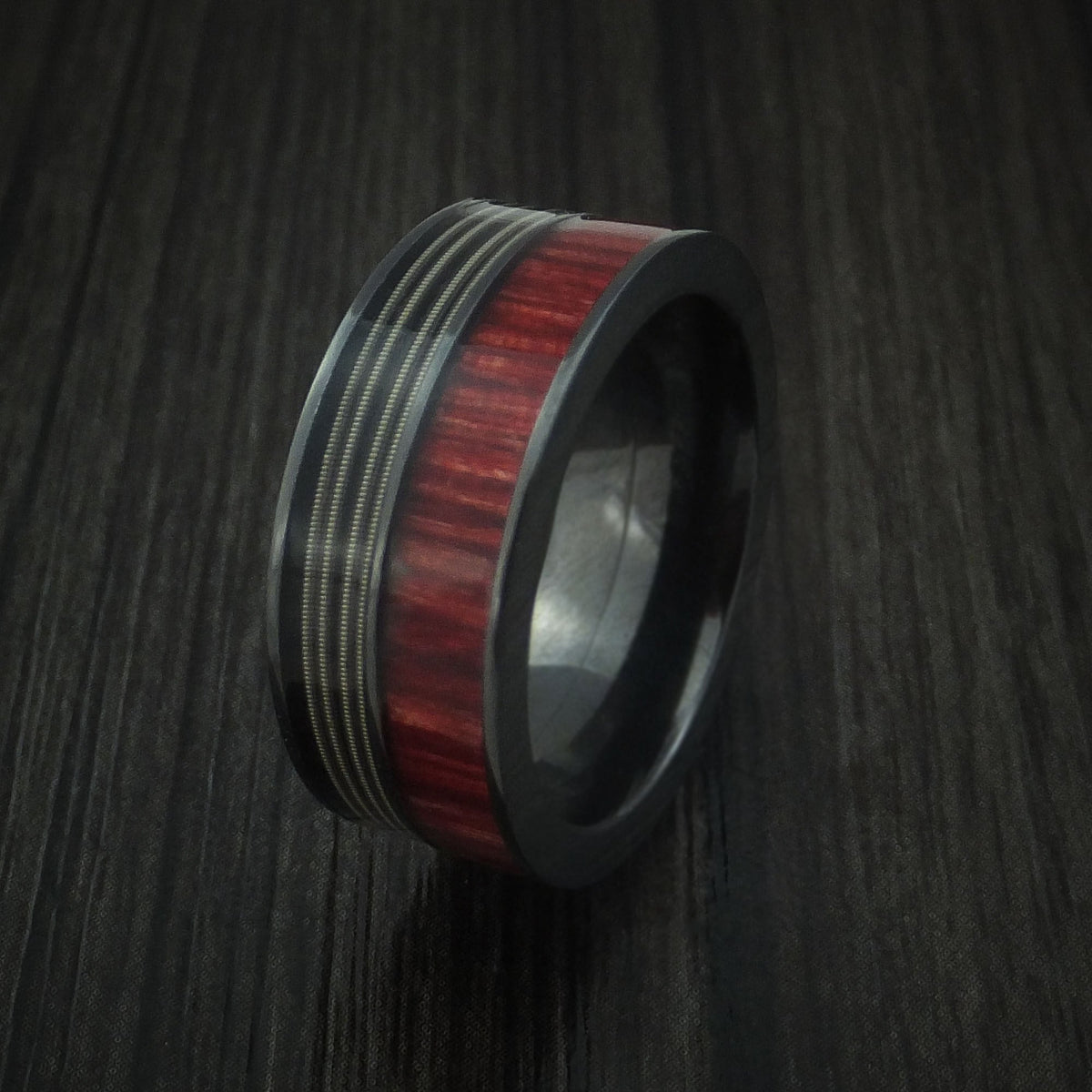 Kodiak XII - Black Zirconium Men's Wedding Ring with Guitar String and Red Heart Wood Inlays Band - view 4 - Nura Lab