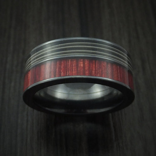 Kodiak XII - Black Zirconium Men's Wedding Ring with Guitar String and Red Heart Wood Inlays Band - view 2 - Nura Lab