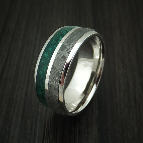 Solstice XVII - 14K White Gold Meteorite and Malachite Men's Wedding Ring - view 3 - Nura Lab