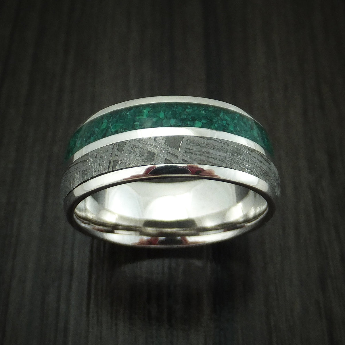 Solstice XVII - 14K White Gold Meteorite and Malachite Men's Wedding Ring - view 2 - Nura Lab
