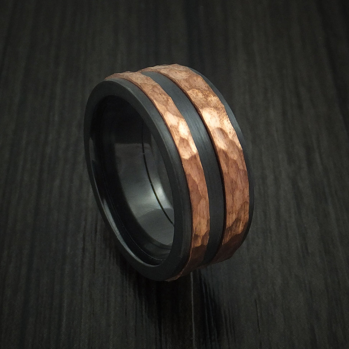 Caesar XVIII - Black Zirconium Men's Wedding Ring with Raised Hammered Copper Inlays Band - Nura Lab