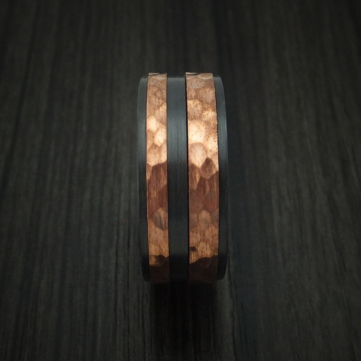 Caesar XVIII - Black Zirconium Men's Wedding Ring with Raised Hammered Copper Inlays Band - view 3 - Nura Lab