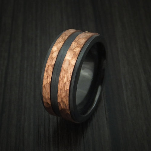 Caesar XVIII - Black Zirconium Men's Wedding Ring with Raised Hammered Copper Inlays Band - view 4 - Nura Lab