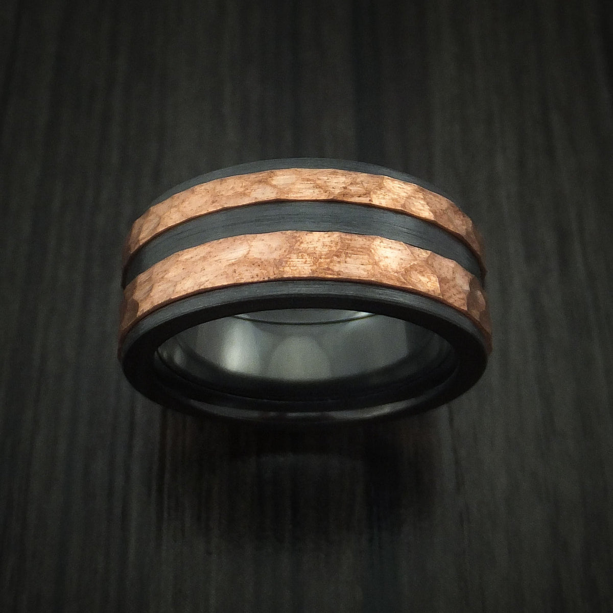 Caesar XVIII - Black Zirconium Men's Wedding Ring with Raised Hammered Copper Inlays Band - view 2 - Nura Lab