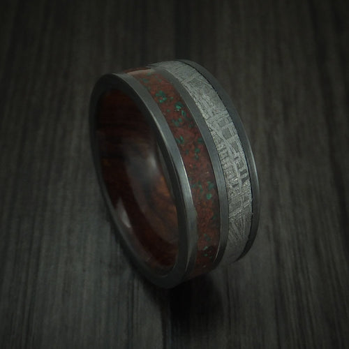 Hunter XII - Black Zirconium Mixed Dinosaur Bone And Gibeon Meteorite Men's Wedding Ring With Wood Sleeve Fossil Band - Nura Lab
