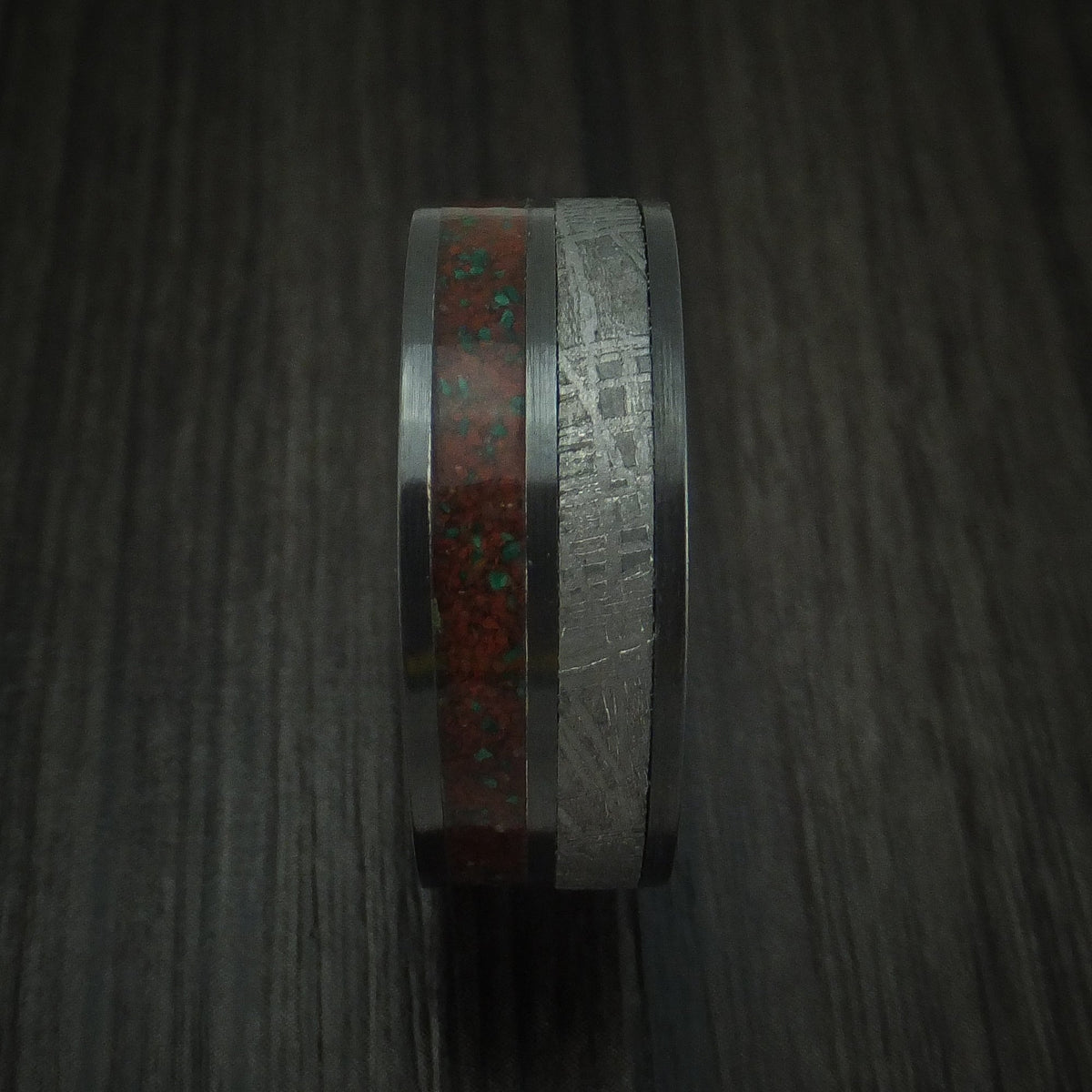 Hunter XII - Black Zirconium Mixed Dinosaur Bone And Gibeon Meteorite Men's Wedding Ring With Wood Sleeve Fossil Band - view 3 - Nura Lab