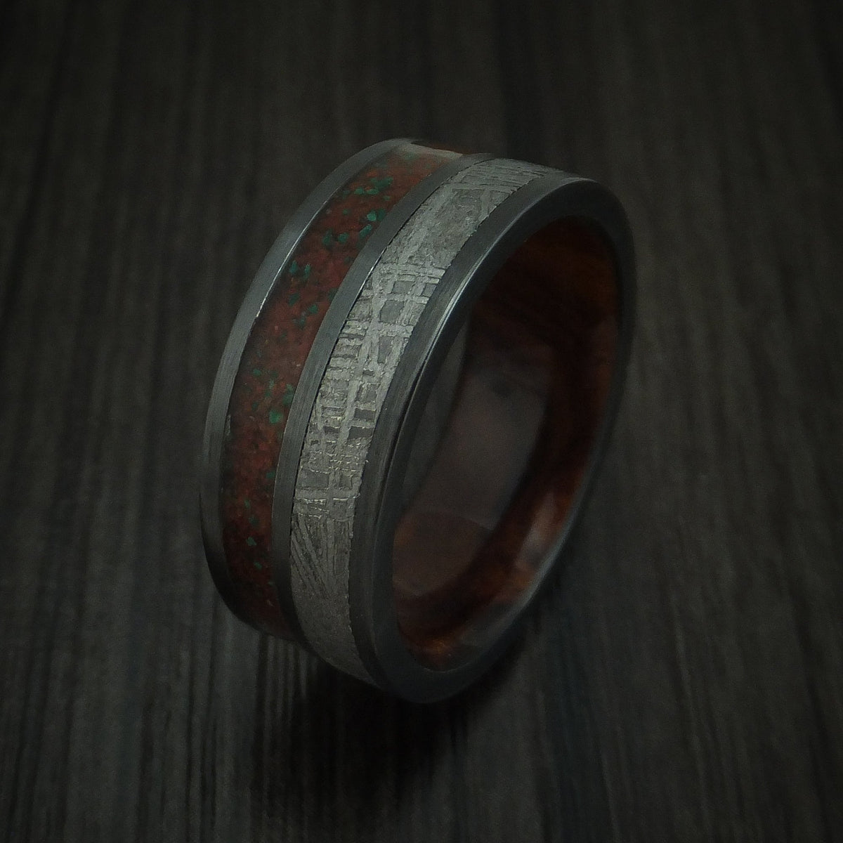 Hunter XII - Black Zirconium Mixed Dinosaur Bone And Gibeon Meteorite Men's Wedding Ring With Wood Sleeve Fossil Band - view 4 - Nura Lab