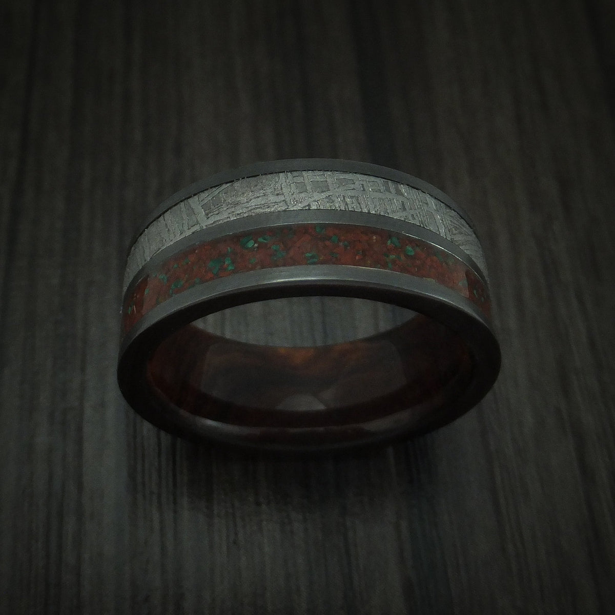 Hunter XII - Black Zirconium Mixed Dinosaur Bone And Gibeon Meteorite Men's Wedding Ring With Wood Sleeve Fossil Band - view 2 - Nura Lab