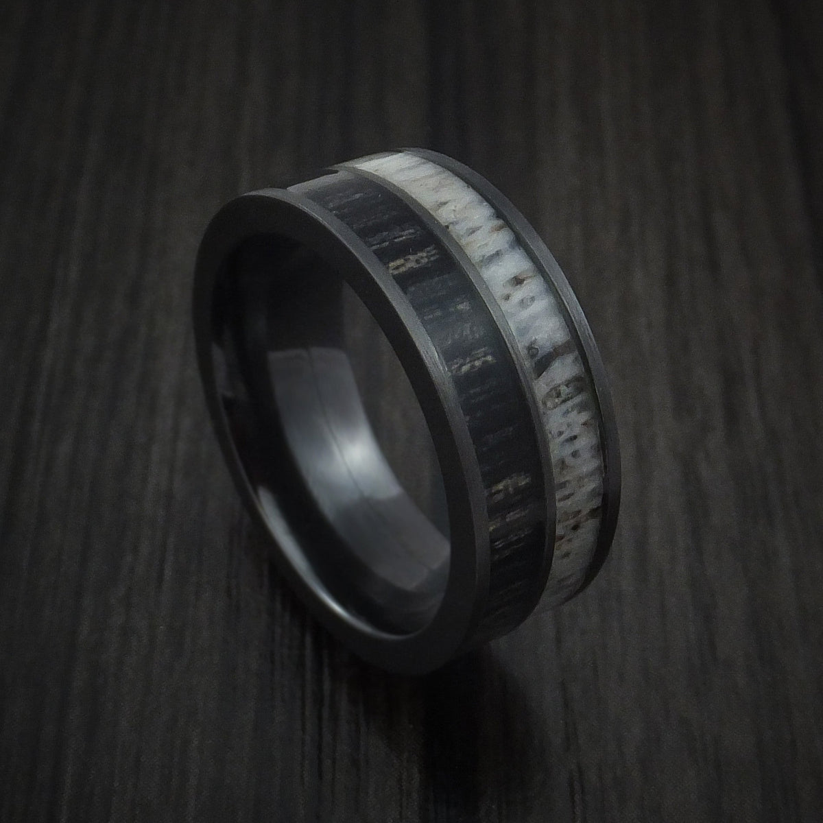 Wolf XII - Black Zirconium with Charcoal Wood and Antler Men's Wedding Ring Band - Nura Lab