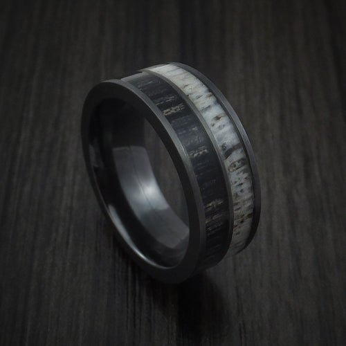 Wolf XII - Black Zirconium with Charcoal Wood and Antler Men's Wedding Ring Band - Nura Lab