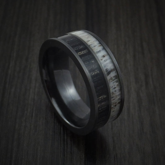 Wolf XII - Black Zirconium with Charcoal Wood and Antler Men's Wedding Ring Band - Nura Lab