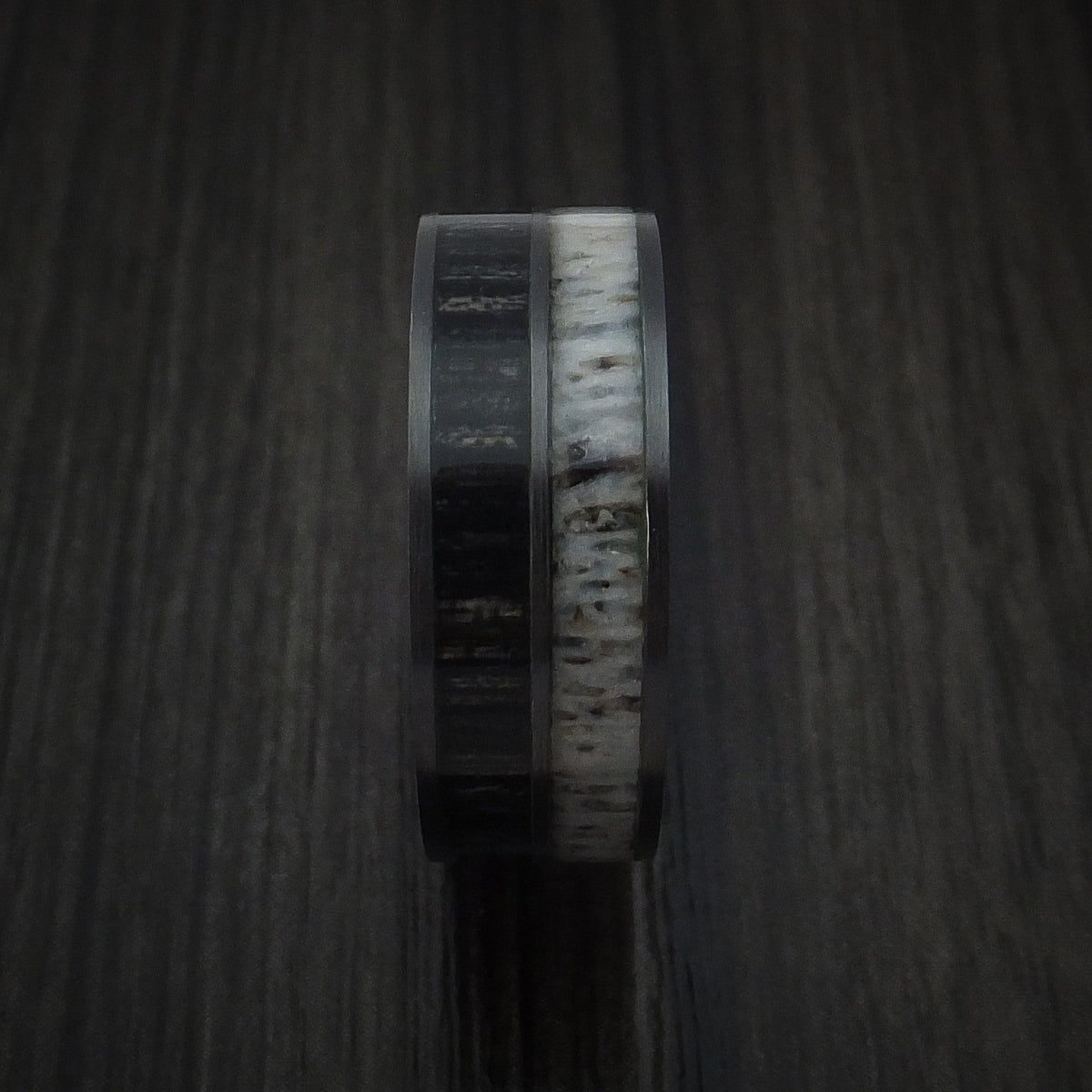 Wolf XII - Black Zirconium with Charcoal Wood and Antler Men's Wedding Ring Band - view 3 - Nura Lab