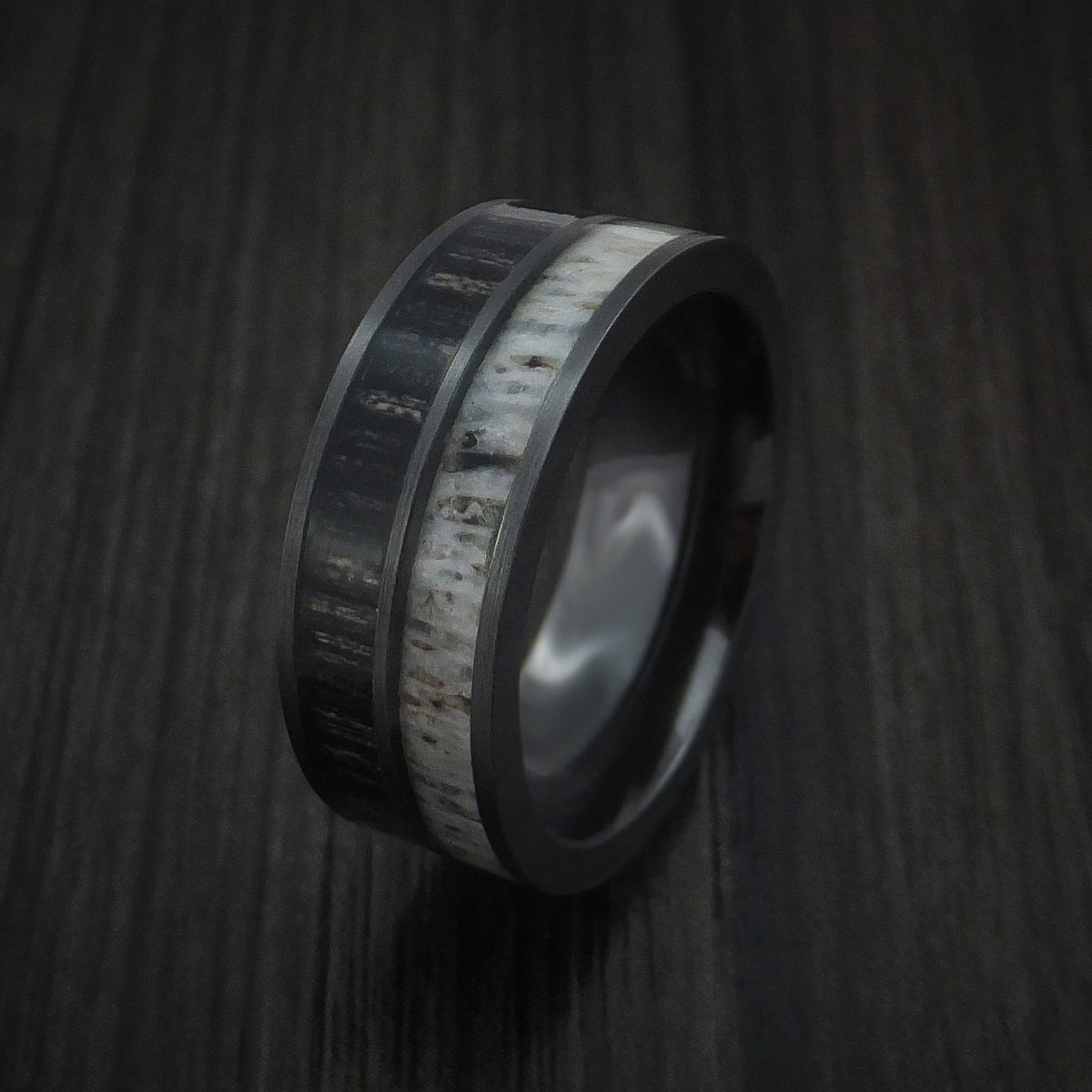 Wolf XII - Black Zirconium with Charcoal Wood and Antler Men's Wedding Ring Band - view 4 - Nura Lab
