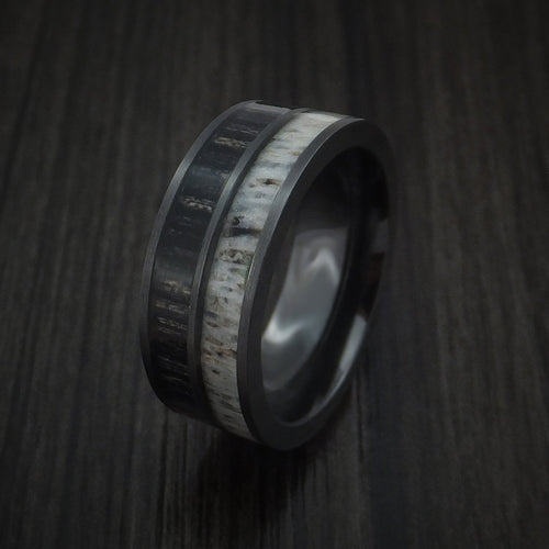 Wolf XII - Black Zirconium with Charcoal Wood and Antler Men's Wedding Ring Band - view 4 - Nura Lab