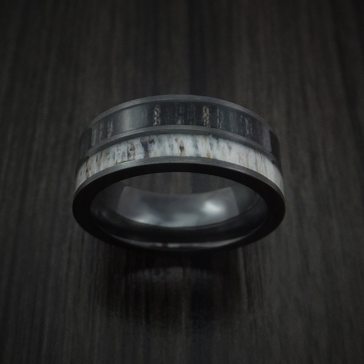 Wolf XII - Black Zirconium with Charcoal Wood and Antler Men's Wedding Ring Band - view 2 - Nura Lab