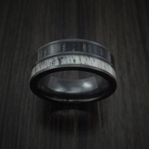 Wolf XII - Black Zirconium with Charcoal Wood and Antler Men's Wedding Ring Band - view 2 - Nura Lab