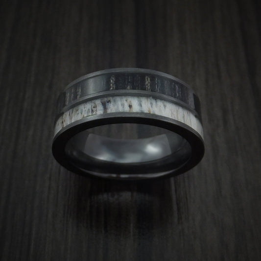 Wolf XII - Black Zirconium with Charcoal Wood and Antler Men's Wedding Ring Band - view 2 - Nura Lab