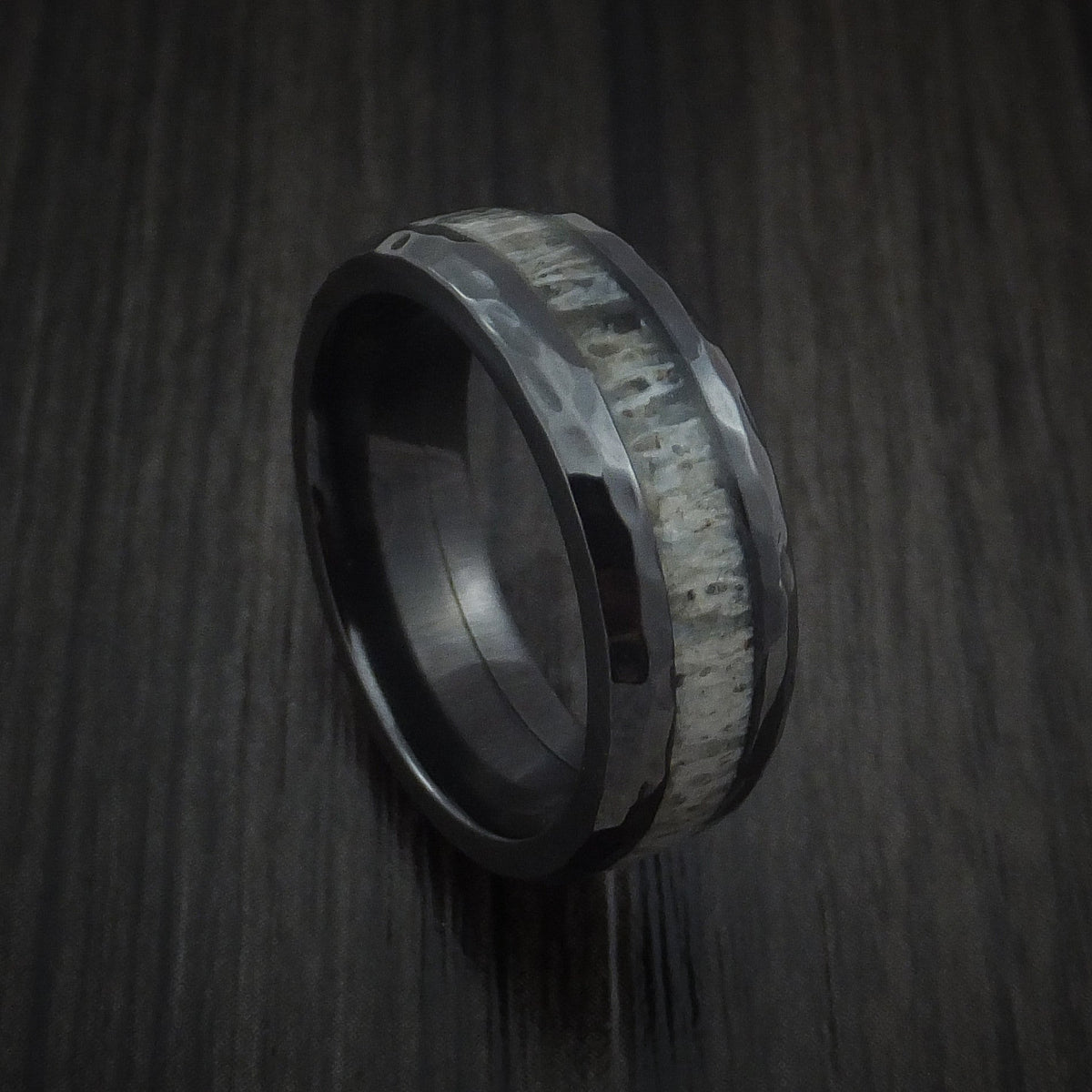 Bastion XVI - Black Zirconium and Antler Hammered Men's Wedding Ring Band - Nura Lab