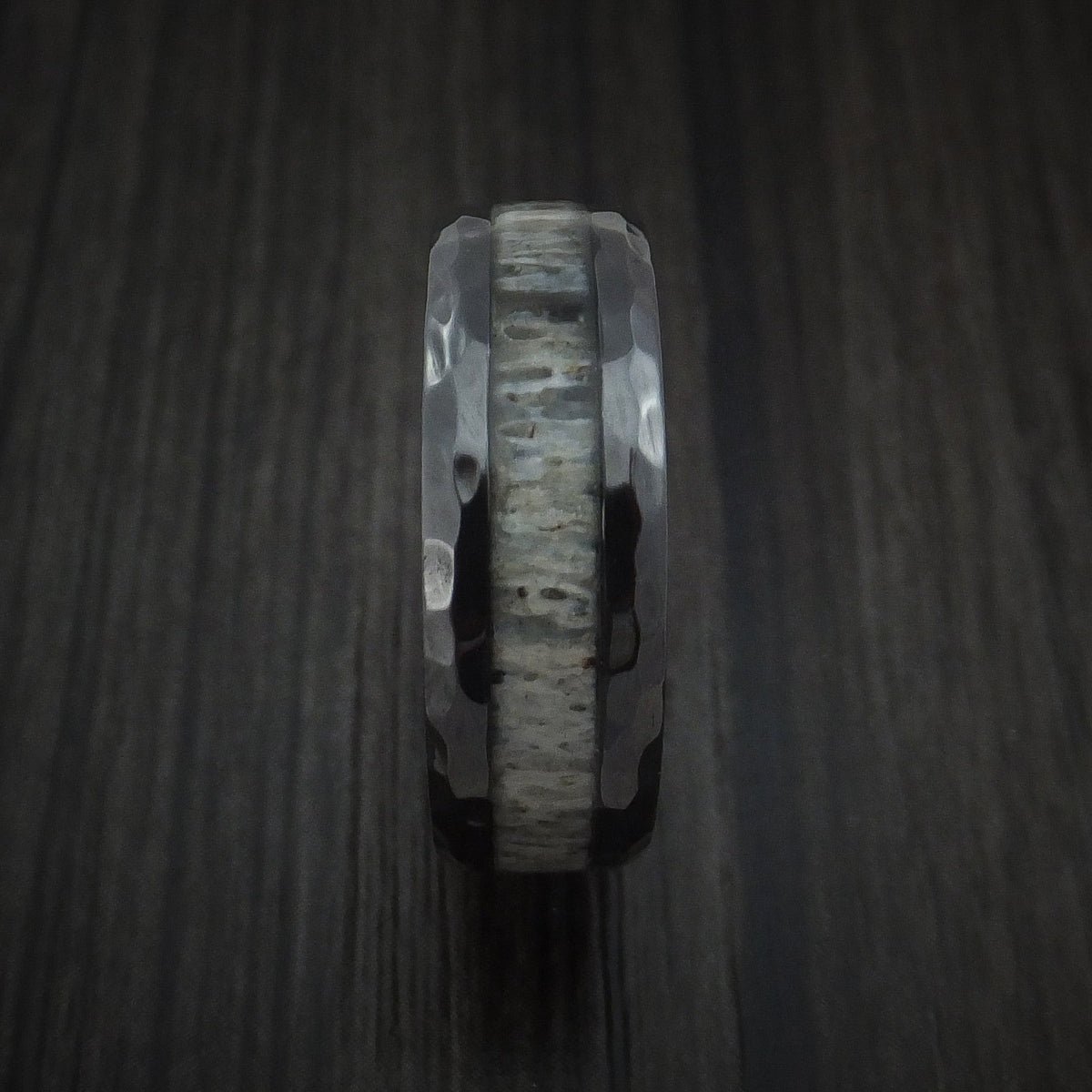 Bastion XVI - Black Zirconium and Antler Hammered Men's Wedding Ring Band - view 3 - Nura Lab