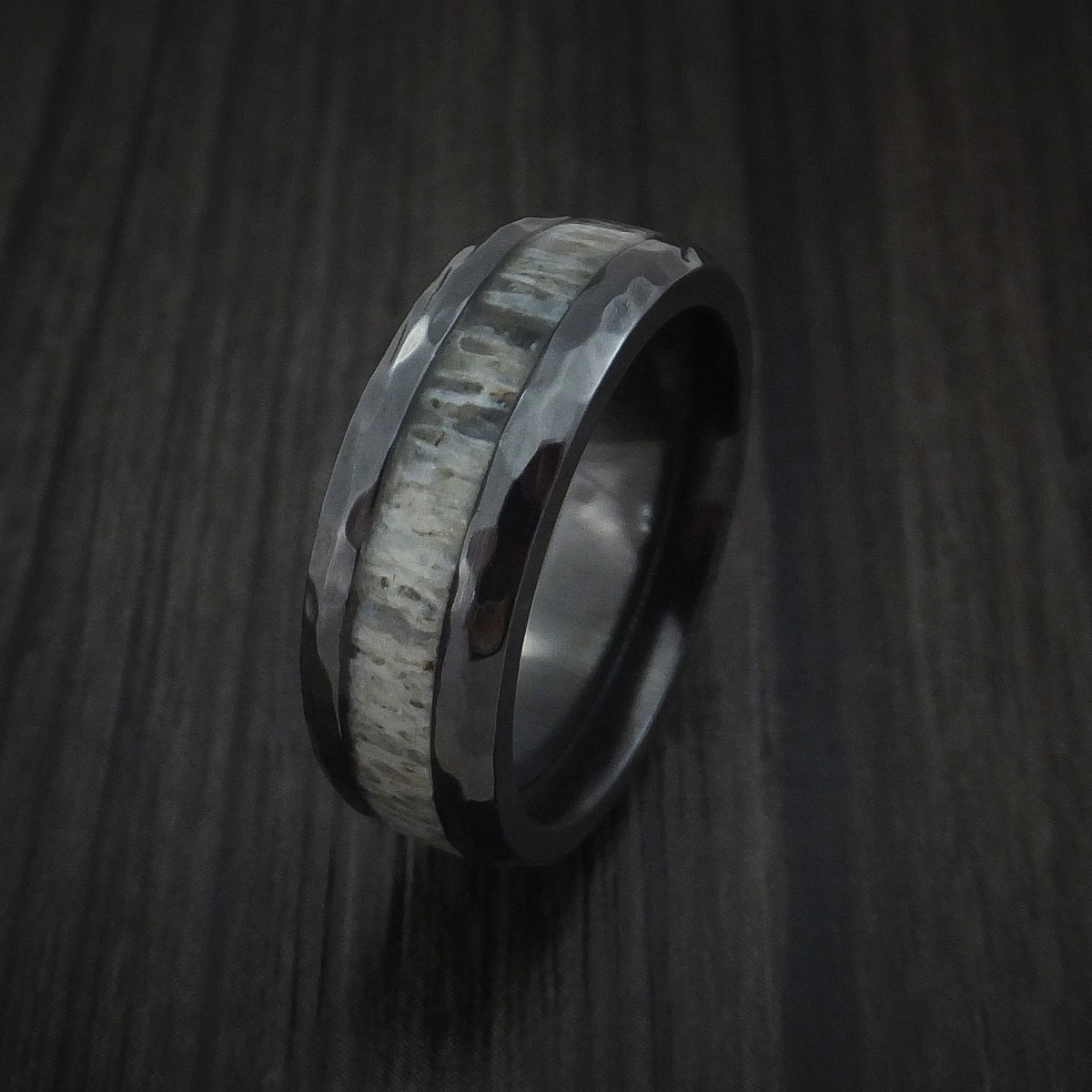 Bastion XVI - Black Zirconium and Antler Hammered Men's Wedding Ring Band - view 4 - Nura Lab