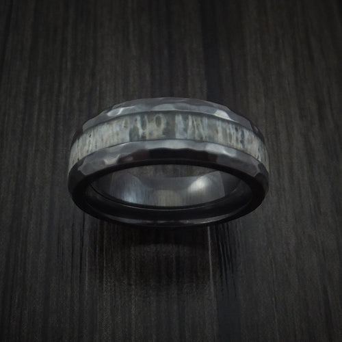 Bastion XVI - Black Zirconium and Antler Hammered Men's Wedding Ring Band - view 2 - Nura Lab