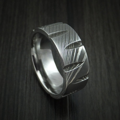Falcon X - Damascus Steel Wedge Cut Men's Wedding Ring Band - Nura Lab
