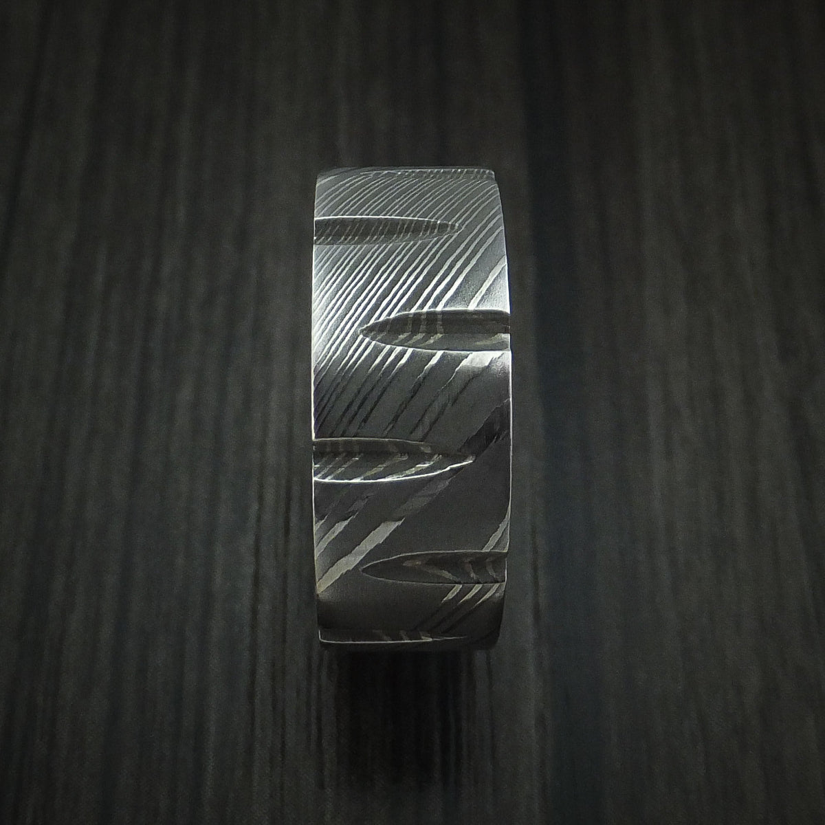 Falcon X - Damascus Steel Wedge Cut Men's Wedding Ring Band - view 3 - Nura Lab