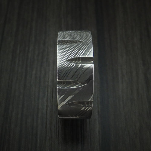 Falcon X - Damascus Steel Wedge Cut Men's Wedding Ring Band - view 3 - Nura Lab