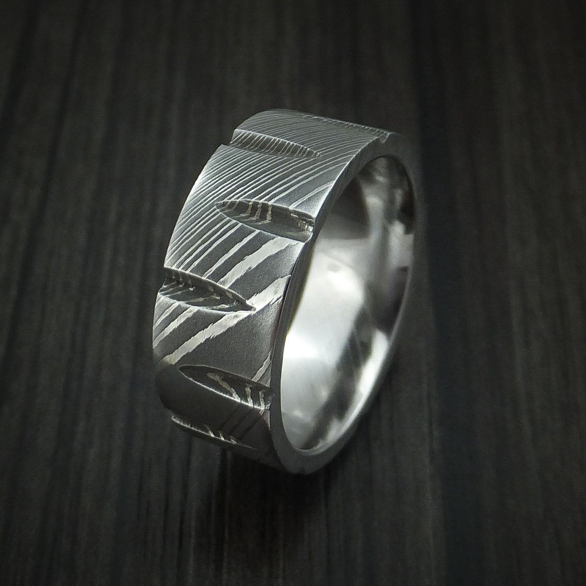 Falcon X - Damascus Steel Wedge Cut Men's Wedding Ring Band - view 4 - Nura Lab