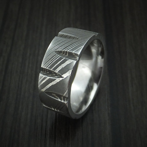 Falcon X - Damascus Steel Wedge Cut Men's Wedding Ring Band - view 4 - Nura Lab