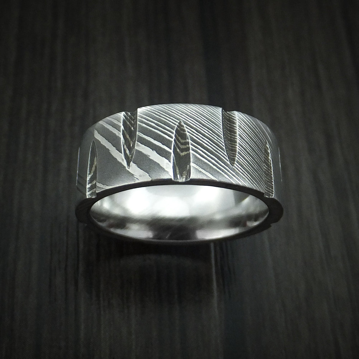 Falcon X - Damascus Steel Wedge Cut Men's Wedding Ring Band - view 2 - Nura Lab