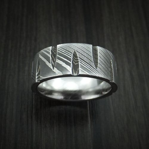 Falcon X - Damascus Steel Wedge Cut Men's Wedding Ring Band - view 2 - Nura Lab