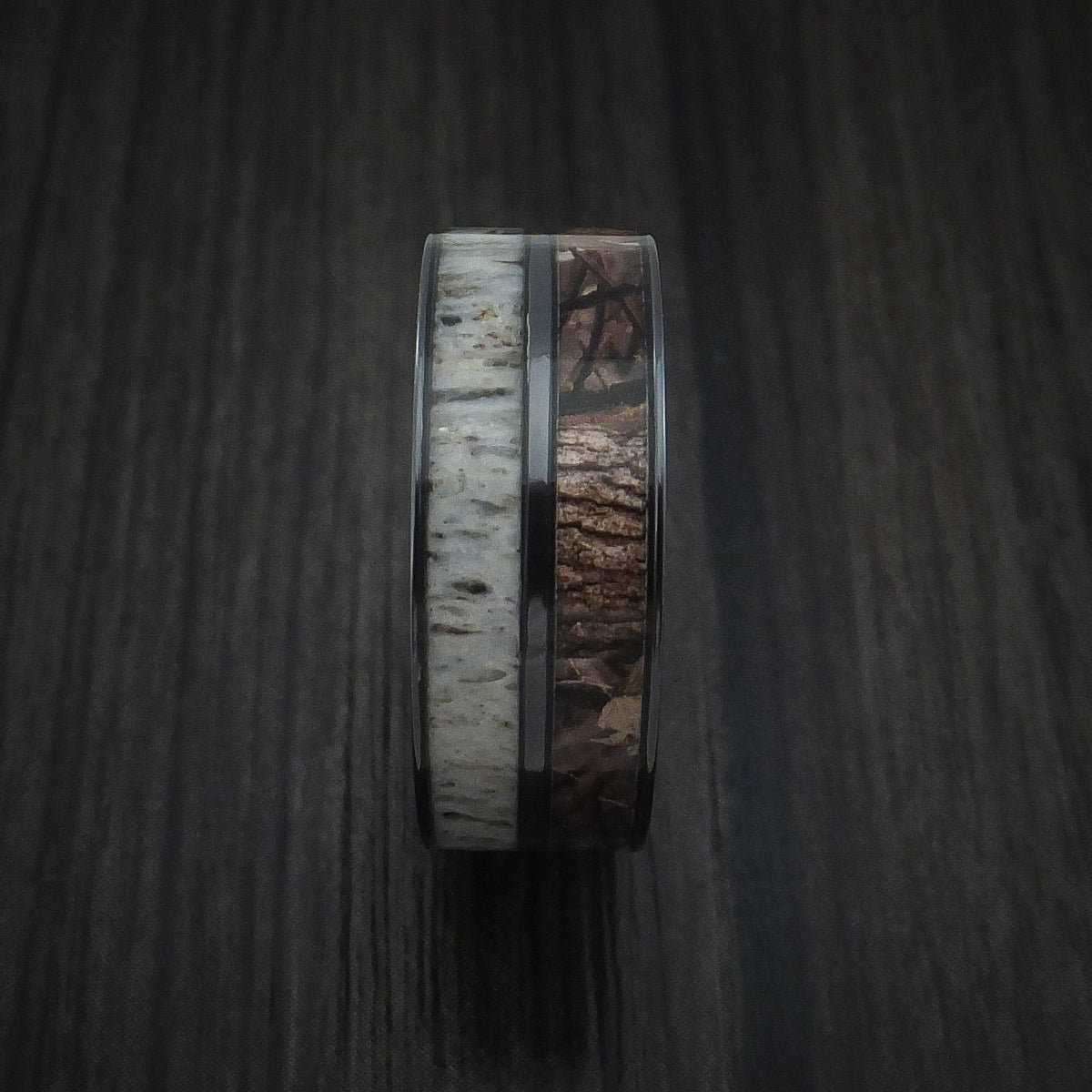 Evernorth VI - Black Titanium Men's Ring with Camo and Antler Inlays Wedding Ring - view 3 - Nura Lab