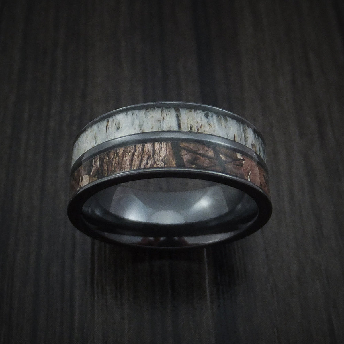 Evernorth VI - Black Titanium Men's Ring with Camo and Antler Inlays Wedding Ring - view 2 - Nura Lab