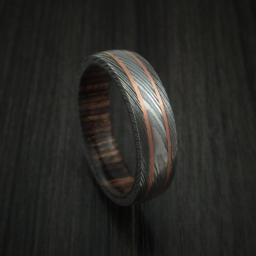 Northwind VIII - Damascus Steel Men's Wedding Ring with 14k Rose Gold Inlays and Hardwood Sleeve - Nura Lab