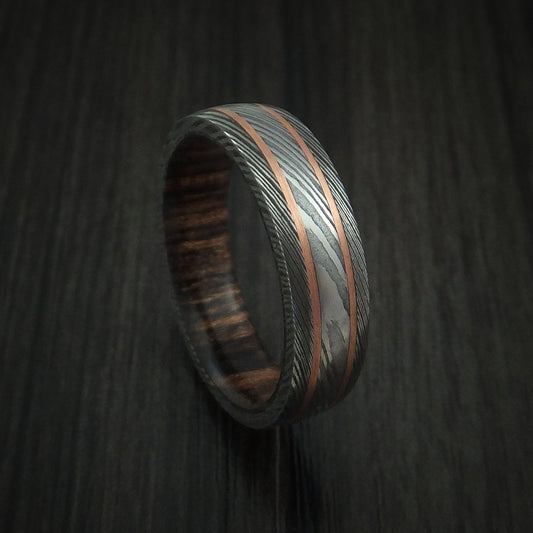 Northwind VIII - Damascus Steel Men's Wedding Ring with 14k Rose Gold Inlays and Hardwood Sleeve - Nura Lab
