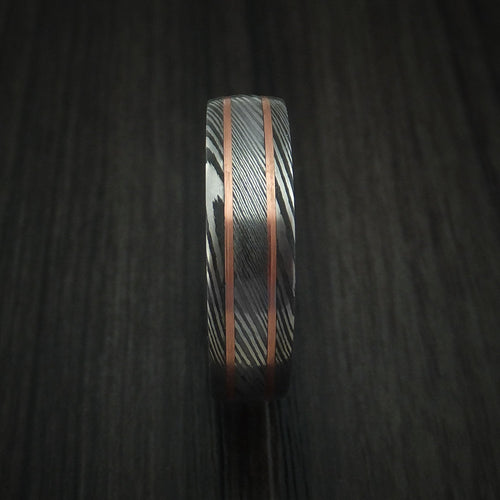 Northwind VIII - Damascus Steel Men's Wedding Ring with 14k Rose Gold Inlays and Hardwood Sleeve - view 3 - Nura Lab