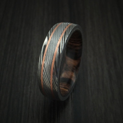 Northwind VIII - Damascus Steel Men's Wedding Ring with 14k Rose Gold Inlays and Hardwood Sleeve - view 4 - Nura Lab
