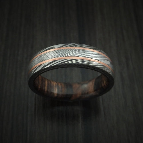 Northwind VIII - Damascus Steel Men's Wedding Ring with 14k Rose Gold Inlays and Hardwood Sleeve - view 2 - Nura Lab