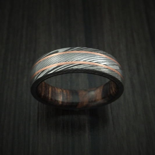 Northwind VIII - Damascus Steel Men's Wedding Ring with 14k Rose Gold Inlays and Hardwood Sleeve - view 2 - Nura Lab