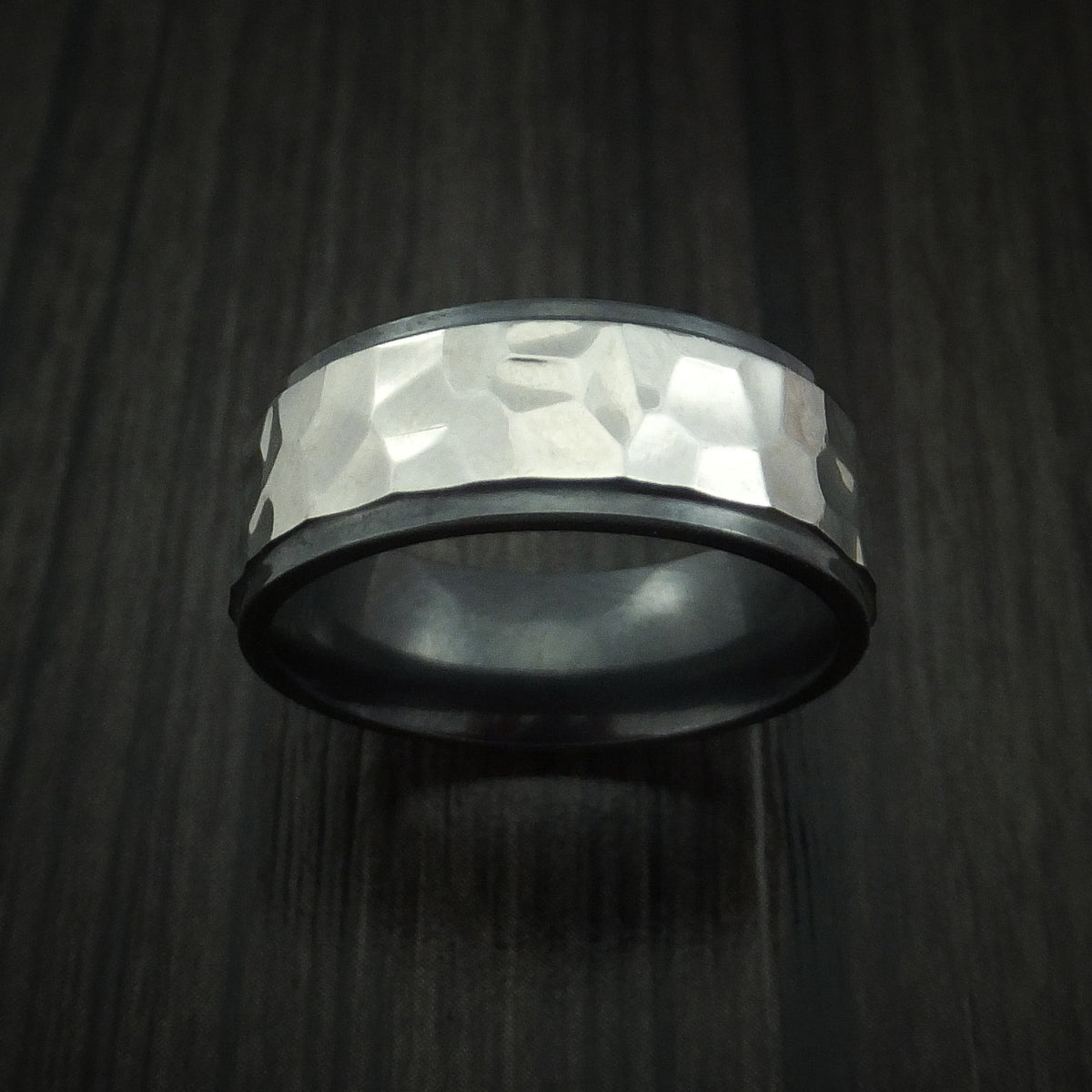 Knight XVIII - Black Zirconium Rock Hammer Finish Men's Wedding Ring Band - view 2 - Nura Lab