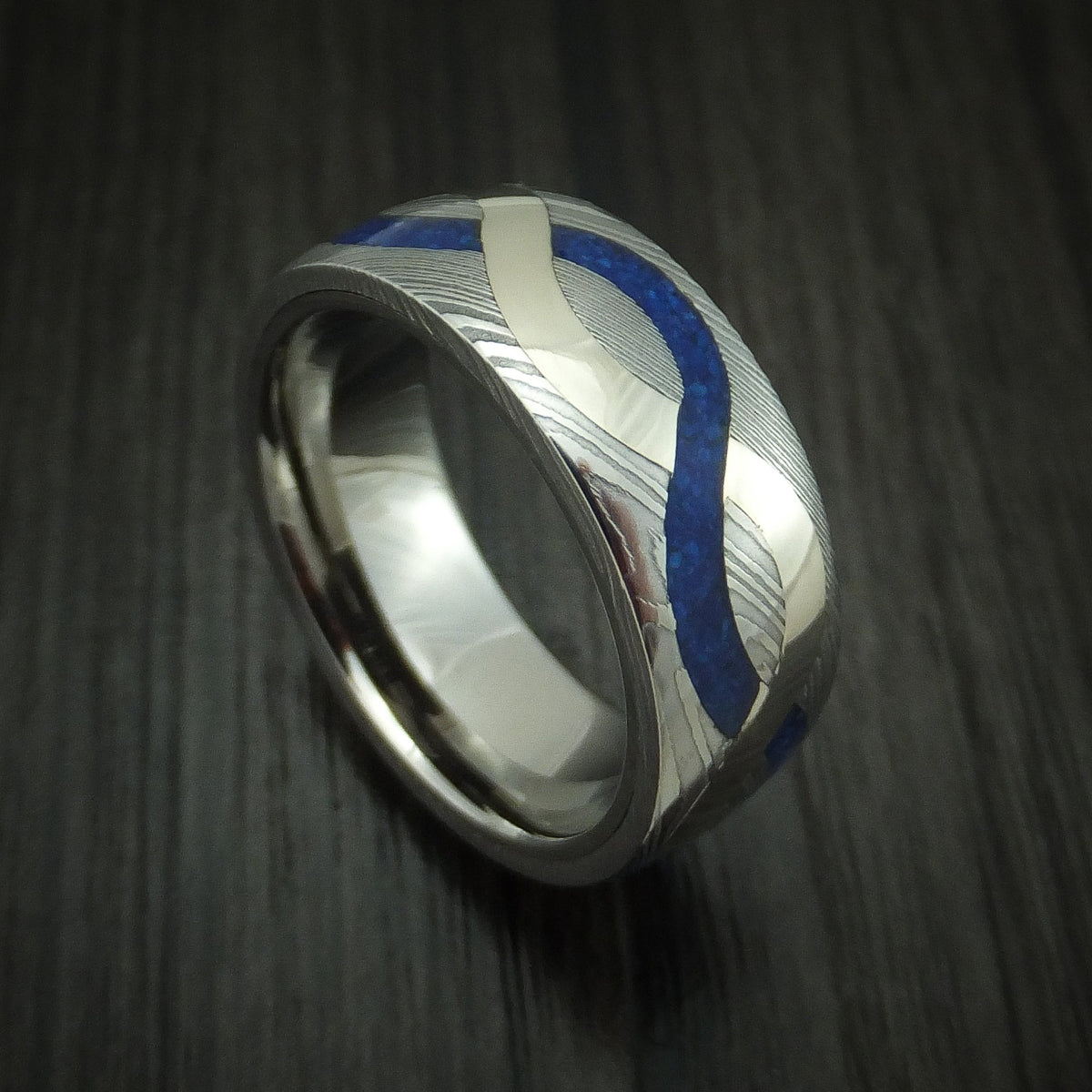 Redwood XI - Damascus Steel with 14K Gold and Lapis Infinity Inlay Wedding Ring - Nura Lab