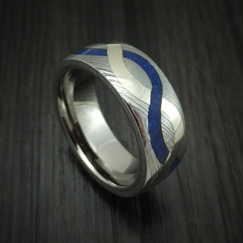 Redwood XI - Damascus Steel with 14K Gold and Lapis Infinity Inlay Wedding Ring - Nura Lab