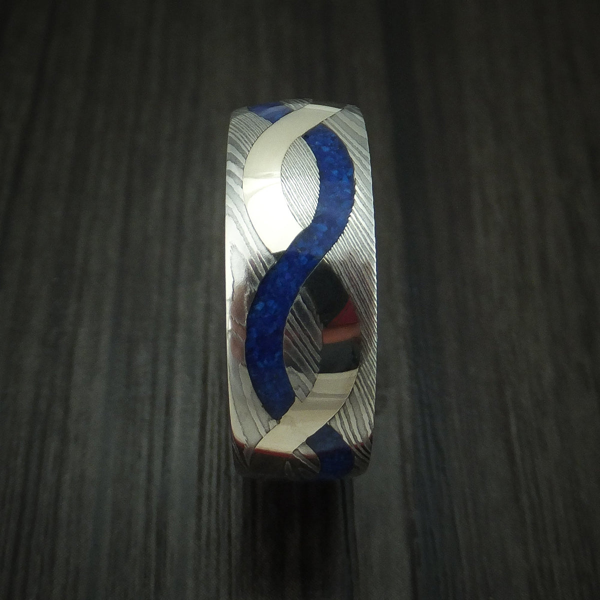 Redwood XI - Damascus Steel with 14K Gold and Lapis Infinity Inlay Wedding Ring - view 3 - Nura Lab