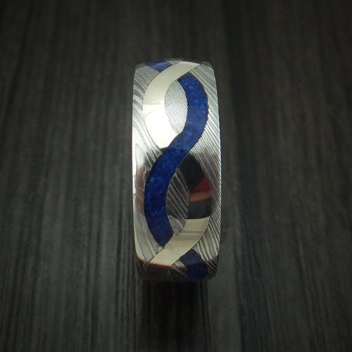 Redwood XI - Damascus Steel with 14K Gold and Lapis Infinity Inlay Wedding Ring - view 3 - Nura Lab