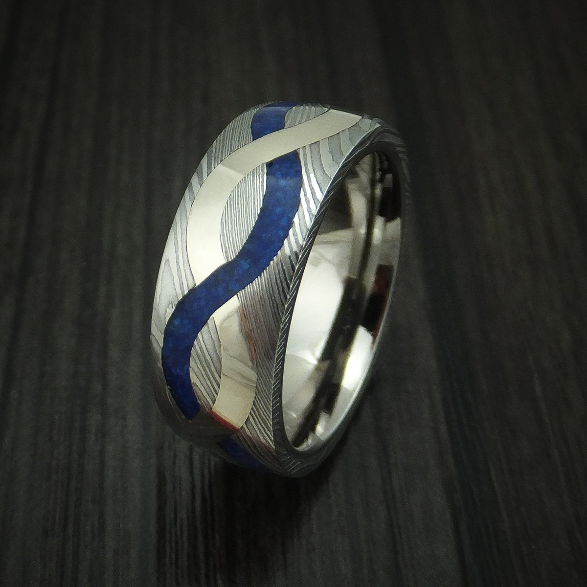 Redwood XI - Damascus Steel with 14K Gold and Lapis Infinity Inlay Wedding Ring - view 4 - Nura Lab