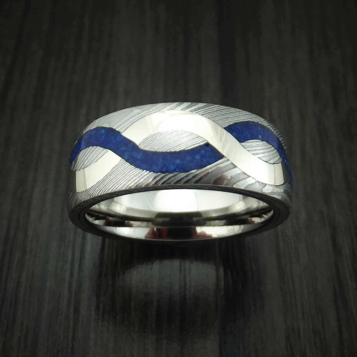 Redwood XI - Damascus Steel with 14K Gold and Lapis Infinity Inlay Wedding Ring - view 2 - Nura Lab