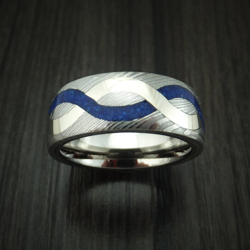 Redwood XI - Damascus Steel with 14K Gold and Lapis Infinity Inlay Wedding Ring - view 2 - Nura Lab