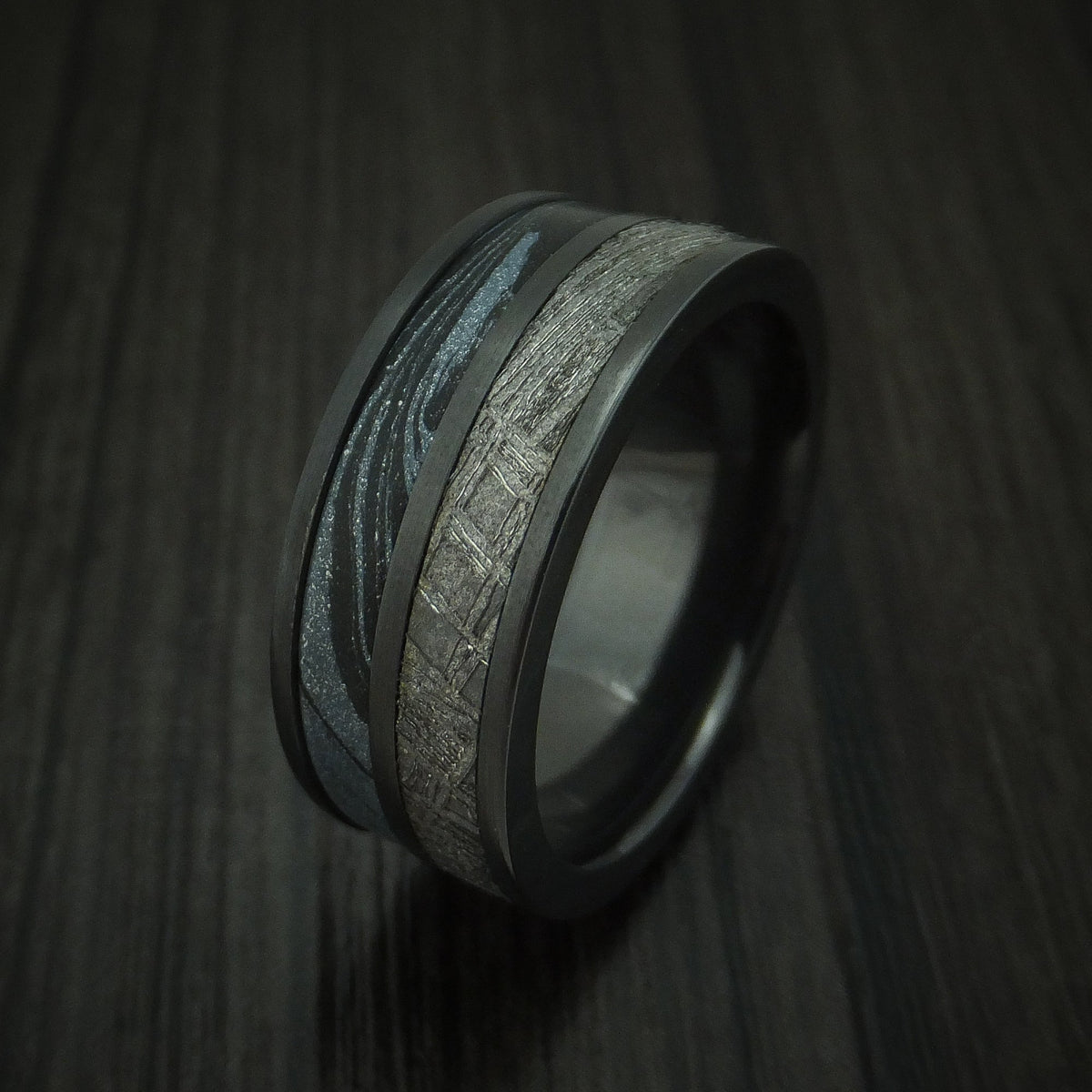Everest XVII - Black Zirconium SpectraMokume And Gibeon Meteorite Men's Wedding Ring Band - view 4 - Nura Lab